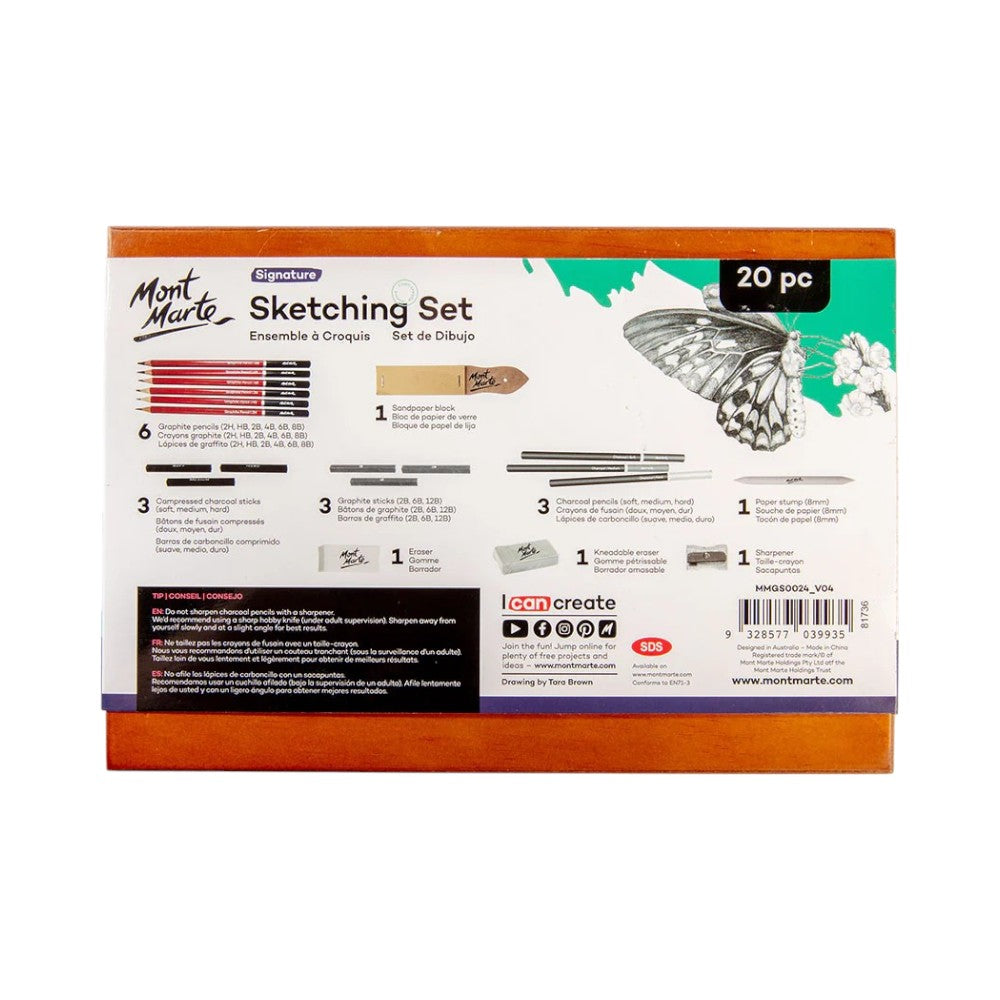 Mont Marte Sketching Set of 20 - Wooden Box - Back View