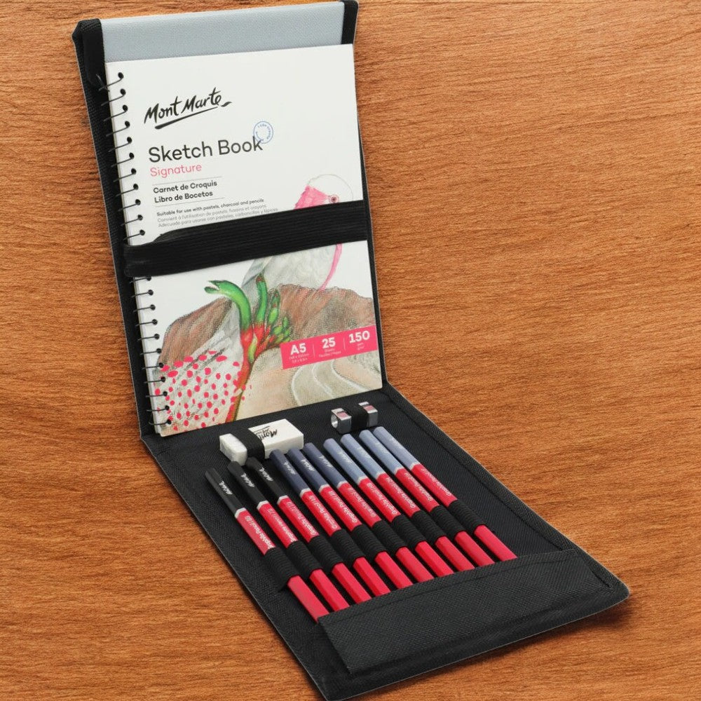 Open View of Mont Marte Sketching Wallet with All 14 Items