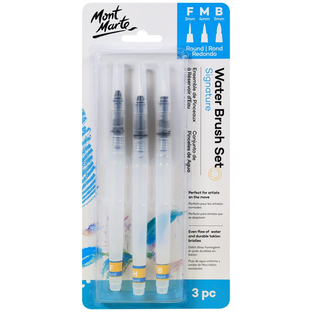 Mont Marte Signature Water Brush Set of 3 includes flat and round brush tips for watercolor painting, calligraphy, and mixed medi