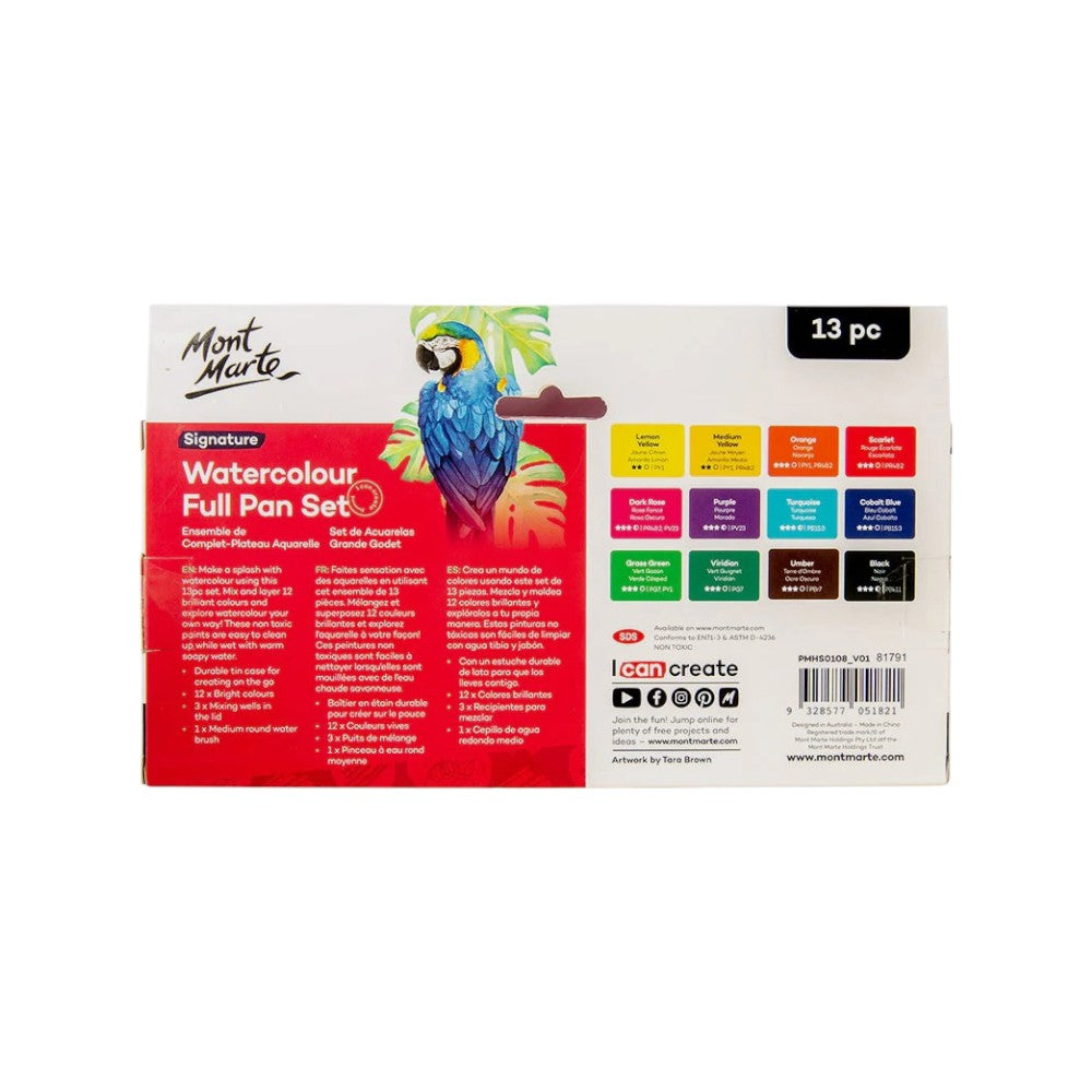 Mont Marte Watercolour Full Pan Set 13pc - Back View