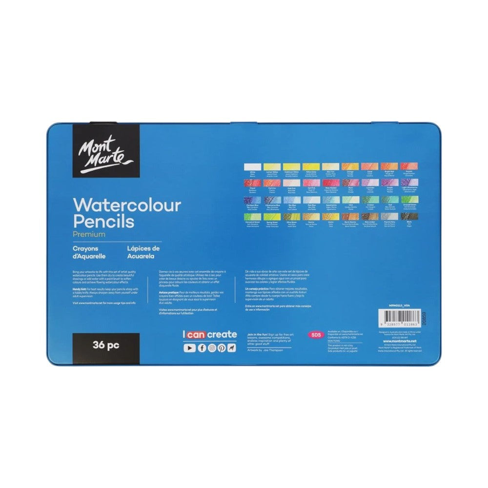 Mont Marte Premium Watercolour Pencils - 36pc Tin - Back View