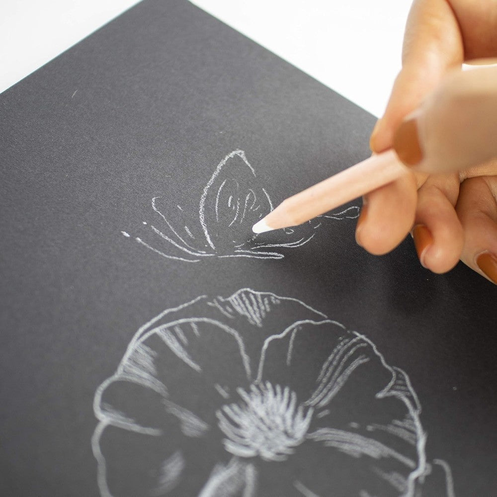 Close-Up of White Charcoal Sketch on Dark Paper Using Mont Marte Pencil