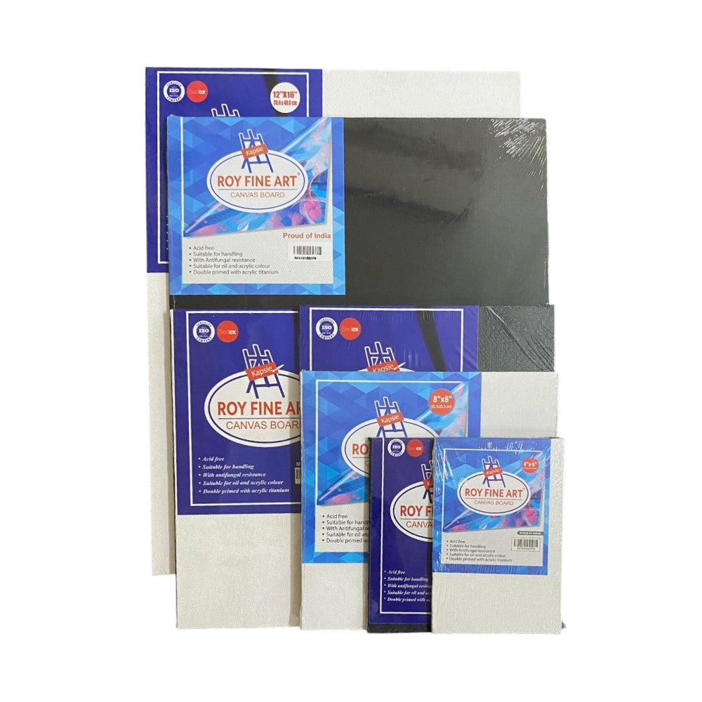 Stack of Roy white and black canvas boards in various sizes