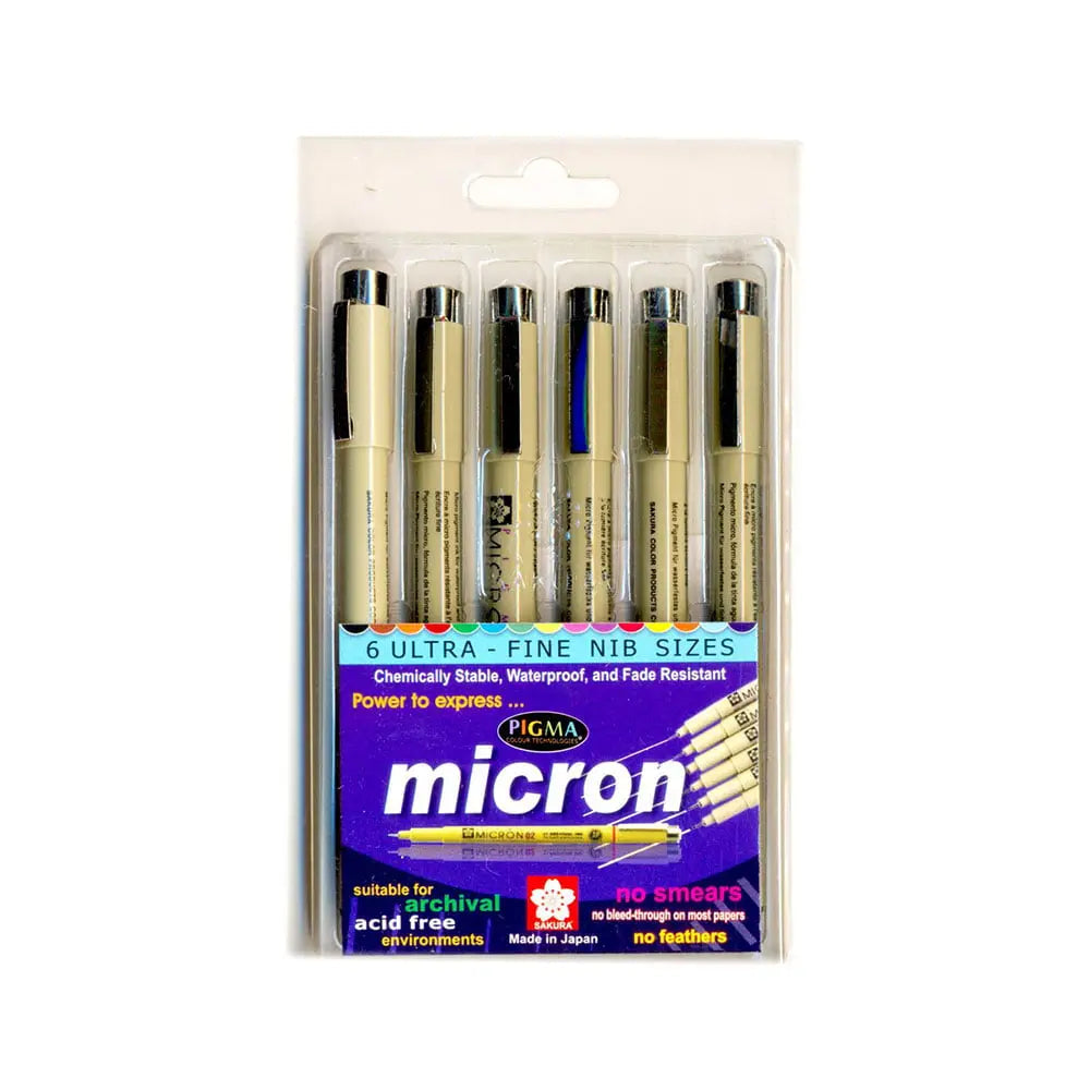 Sakura Pigma Micron Ultra Fineliner Mandala Pens Set of 6 - Archival, waterproof black ink pens with ultra-fine precision nibs (003, 005, 01, 02, 03, 05) for detailed artwork and technical drawings.