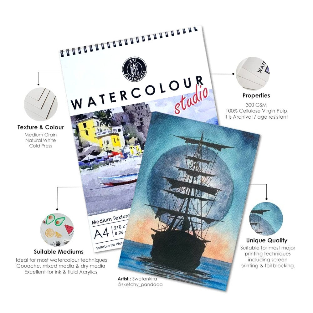 Art Essentials Studio Watercolour Paper 300gsm Cold Press - Spiral Pad