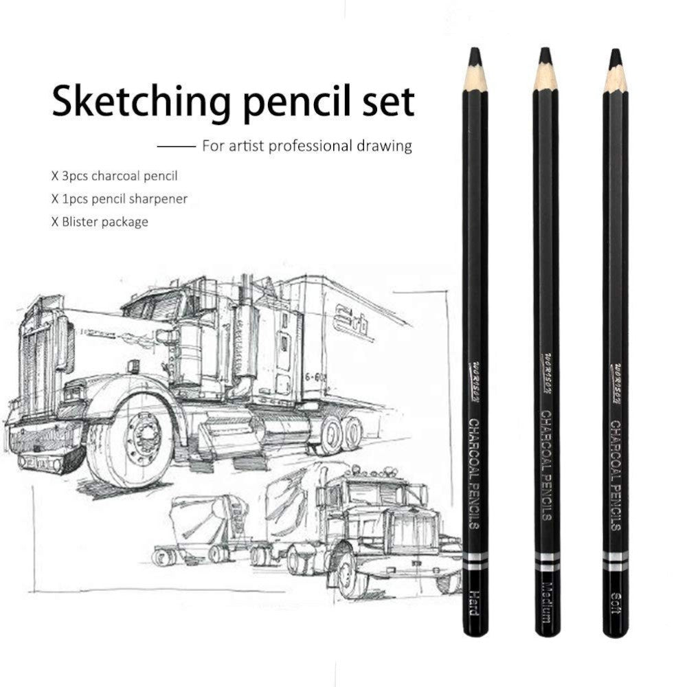 Worison Artist Charcoal Pencils Set of 3 - Soft, Medium, Hard + Sharpener Worison
