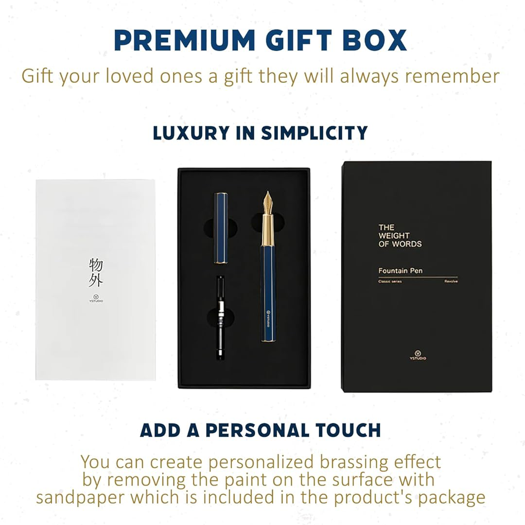 Ystudio | Fountain Pen | Blue Hexogon | Classic Revolve | Brass Body | Medium Nib YSTUDIO