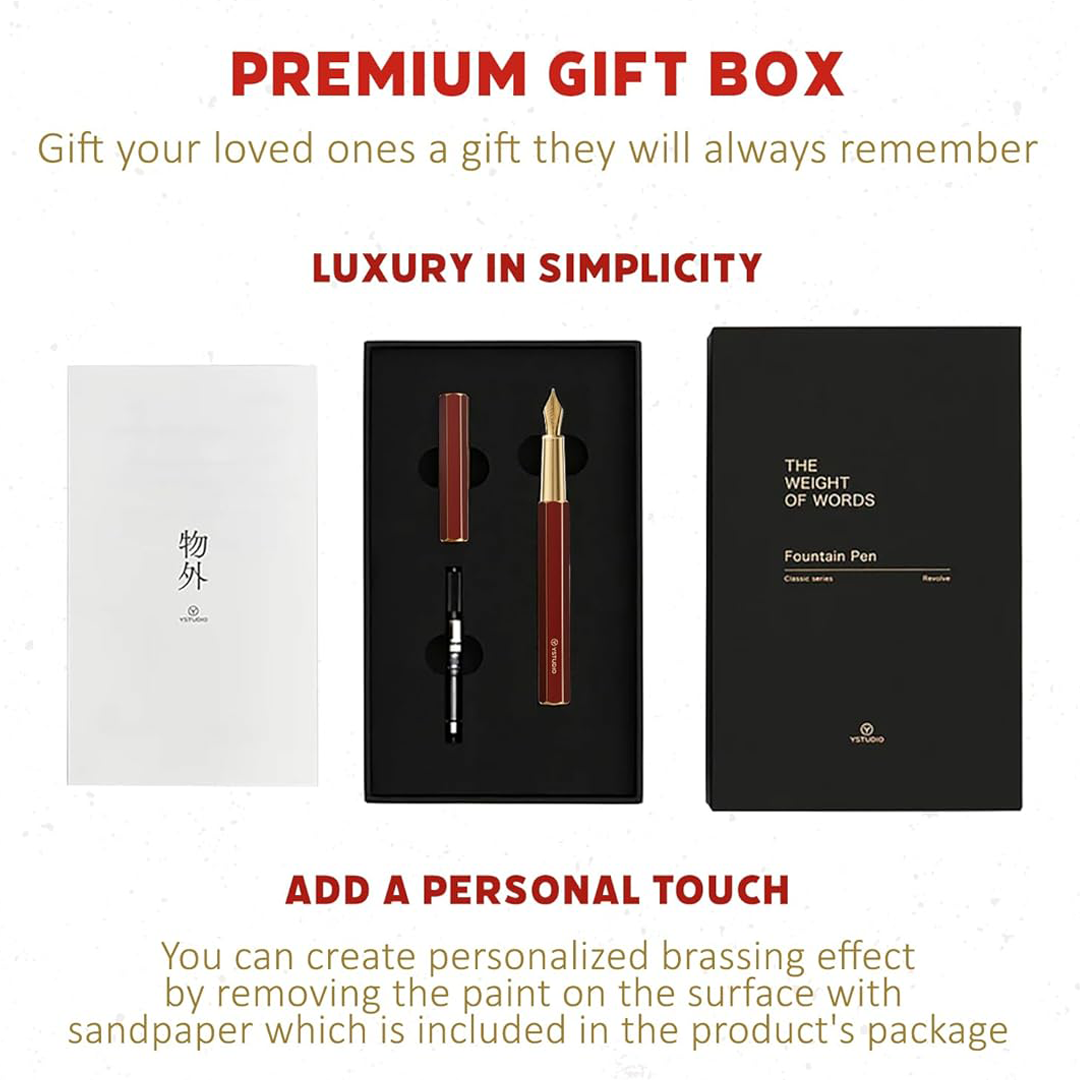 Ystudio | Fountain Pen | Red Hexogon | Classic Revolve | Brass Body | Medium Nib YSTUDIO