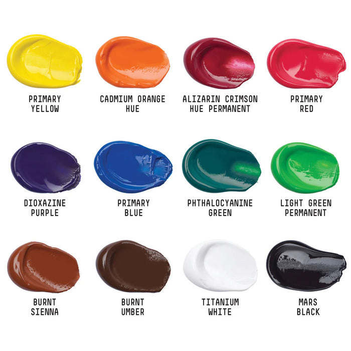 Chart of 12 Liquitex Basic Acrylics paints.