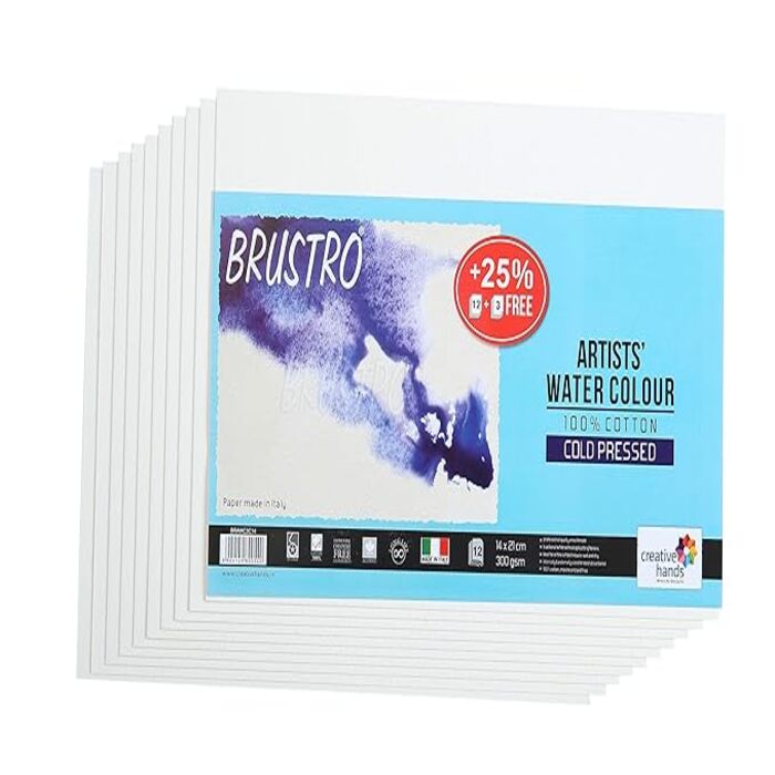 BRUSTRO WATERCOLOUR 100% COTTON COLD PRESSED 300 GSM 14X21CM, 12+3 FREE