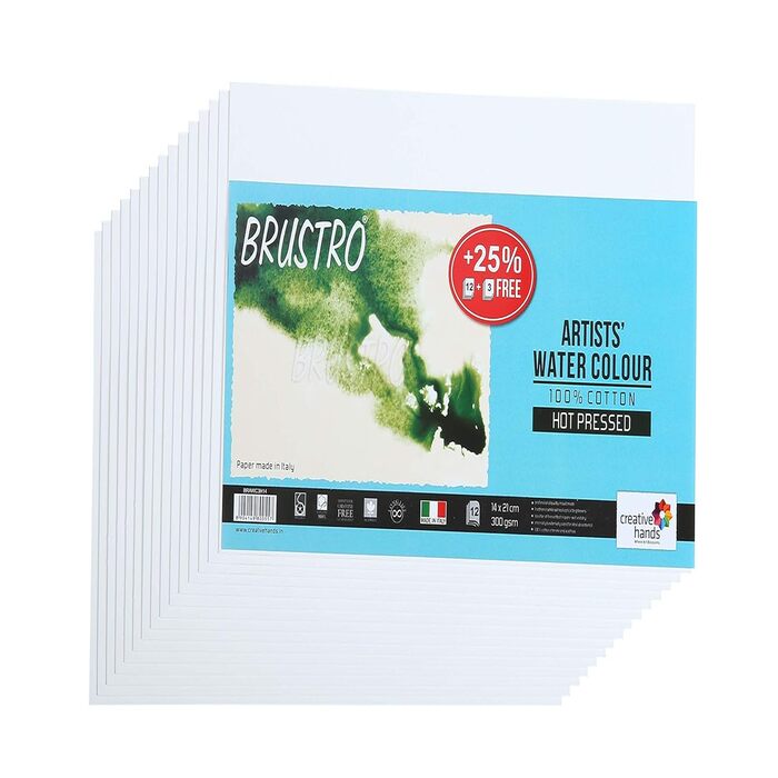 BRUSTRO WATERCOLOUR 100% COTTON HOT PRESSED 300 GSM 14X21CM, 12+3 FREE