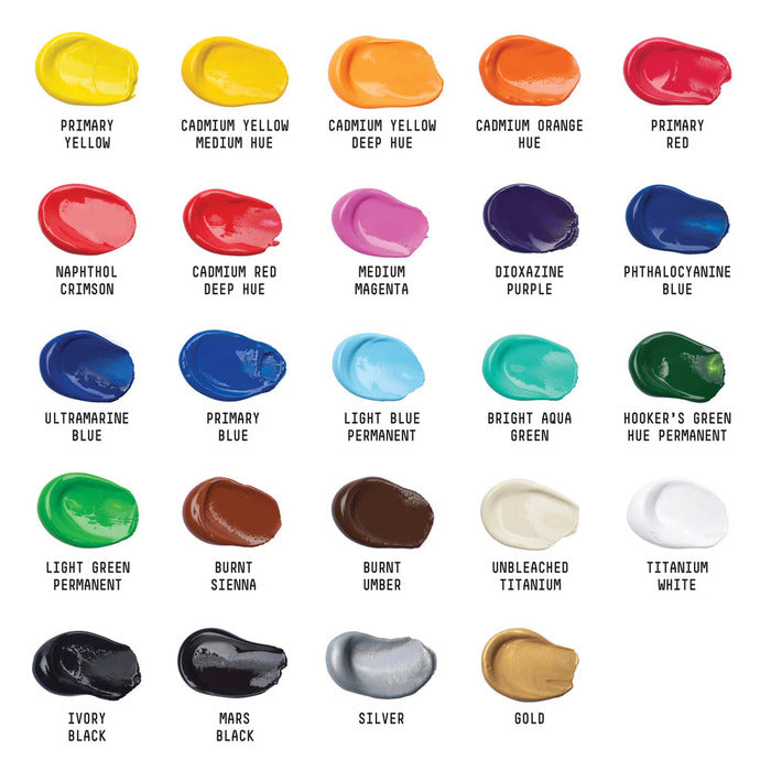 Chart of 24 Liquitex Basic Acrylics paints.