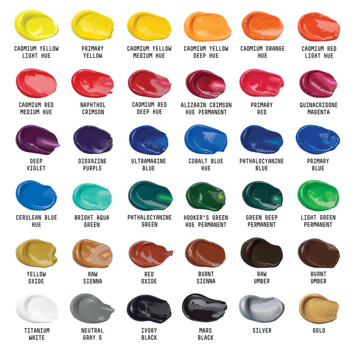 Chart of 36 Liquitex Basic Acrylics paints.