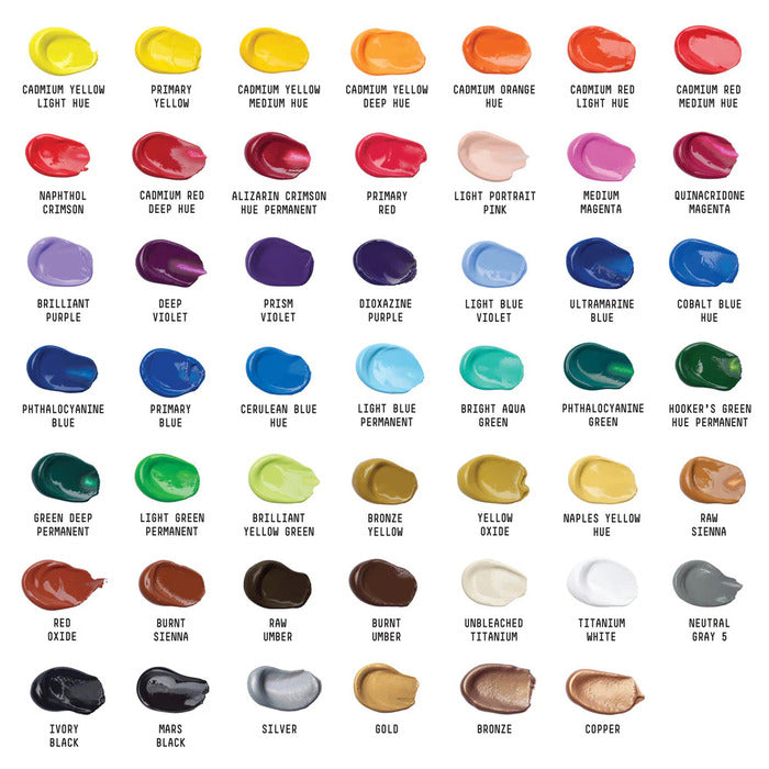 Chart of 48 Liquitex Basic Acrylics paints.