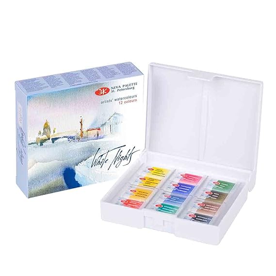 White Nights Artists Watercolor Set 12 Pans Plastic Box