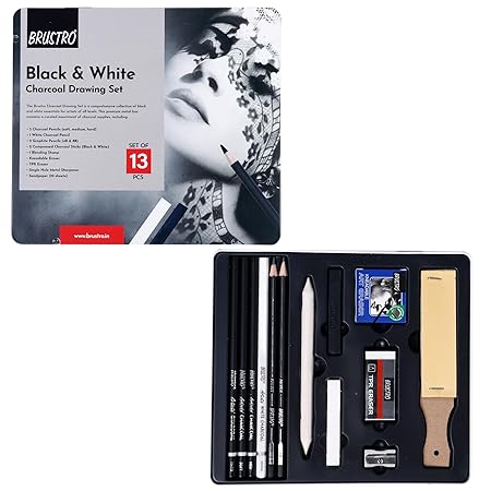 Brustro Black White Charcoal Drawing Set 13 Pcs Metal Box