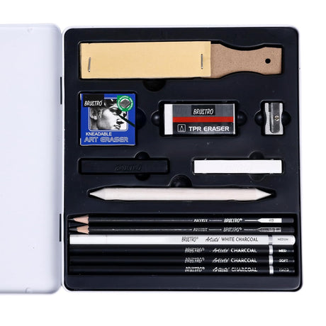 Brustro Black White Charcoal Drawing Set 13 Pcs Metal Box