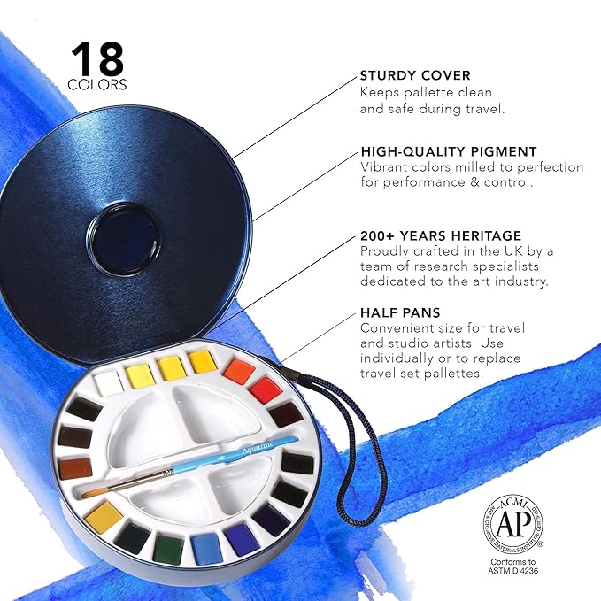Daler Rowney Aquafine Watercolour Travel Tin - 18 Half Pans