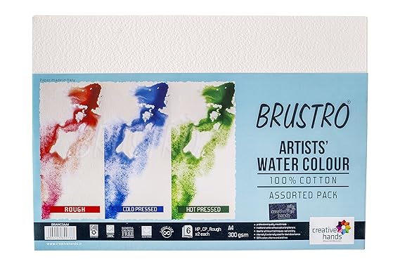 Brustro 100% Cotton Watercolour Paper HP,CP,RG Assorted A4 300 GSM 6 Sheets