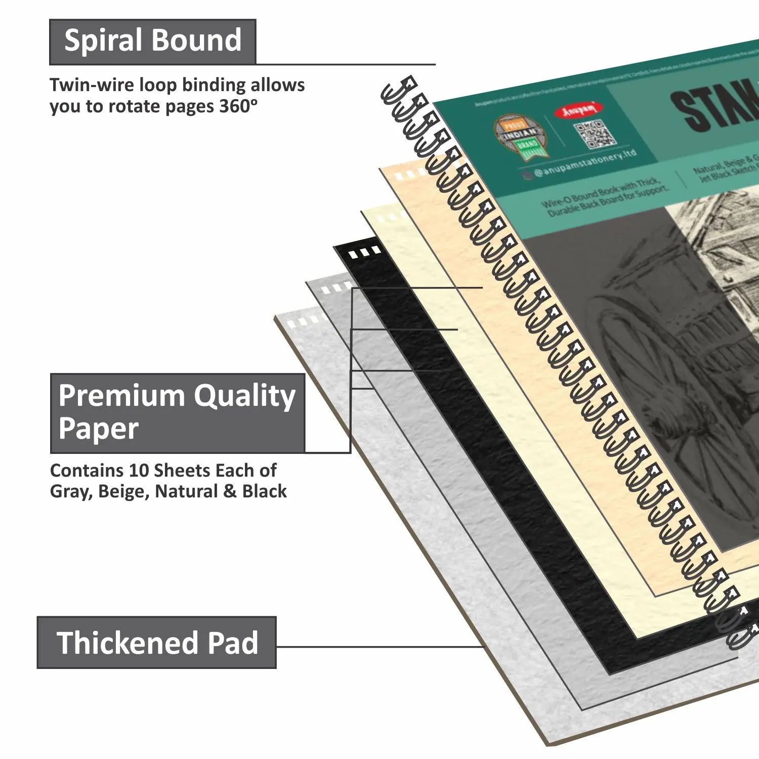Anupam Stak 4 Colors Toned Sketch Paper Size A4 Wire-o Book (40 sheet) Anupam