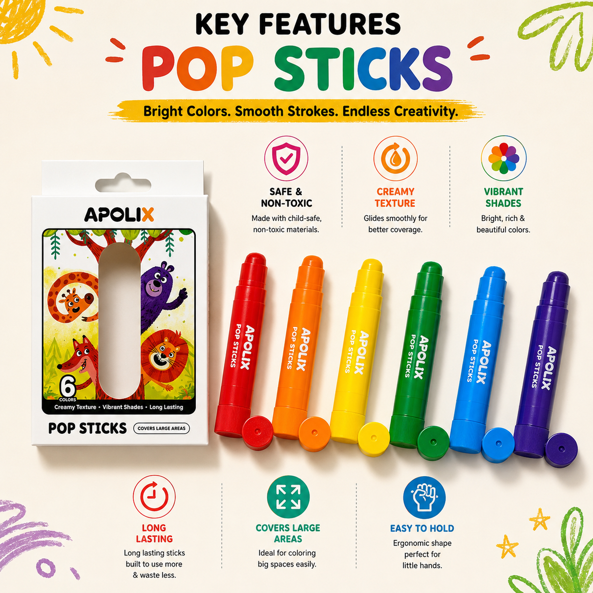 A set of Apolix Pop Sticks crayons shown with their retail box on a bright cream background with colorful feature callouts and doodles. The sticks are arranged in a row, showing multiple bright colors including red, orange, yellow, green, blue, and purple.