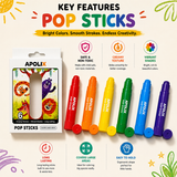 A set of Apolix Pop Sticks crayons shown with their retail box on a bright cream background with colorful feature callouts and doodles. The sticks are arranged in a row, showing multiple bright colors including red, orange, yellow, green, blue, and purple.