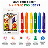 APOLIX Pop Sticks crayon set in a white box with six crayons shown in front, labeled red, orange, yellow, green, blue, and purple. The image includes marketing text and icons about the product features on a white background.