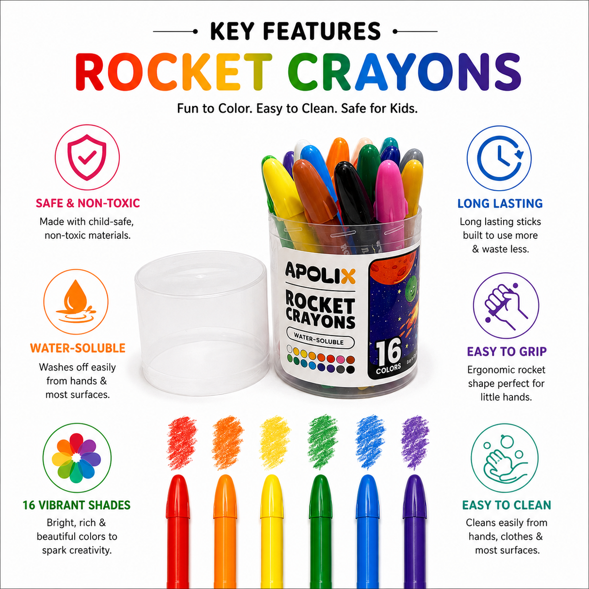 A set of Apolix Rocket Crayons shown in a clear plastic cup with a matching lid, surrounded by feature callouts and color sample swatches on a white background. The product is labeled as 16 colors.