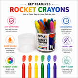 A set of Apolix Rocket Crayons shown in a clear plastic cup with a matching lid, surrounded by feature callouts and color sample swatches on a white background. The product is labeled as 16 colors.