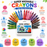 A promotional graphic for Apolix Super Washable Crayons, showing a central box of crayons surrounded by multiple colored crayons arranged in a circle. The image includes feature callouts such as Safe & Non-Toxic, Ergonomic Shape, Water-Soluble, Long Lasting, and Vibrant Colours, with colorful paint-splatter badges at the bottom.