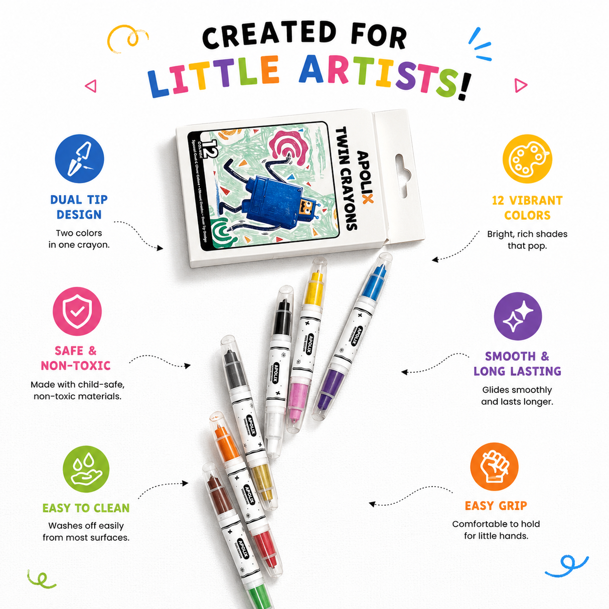 A set of Apolx Twin Crayons children's crayons shown with their retail box on a white background, surrounded by colorful marketing callouts and icons. The text reads 'CREATED FOR LITTLE ARTISTS!' and highlights features like dual tip design, 12 vibrant colors, safe non-toxic materials, and easy grip.