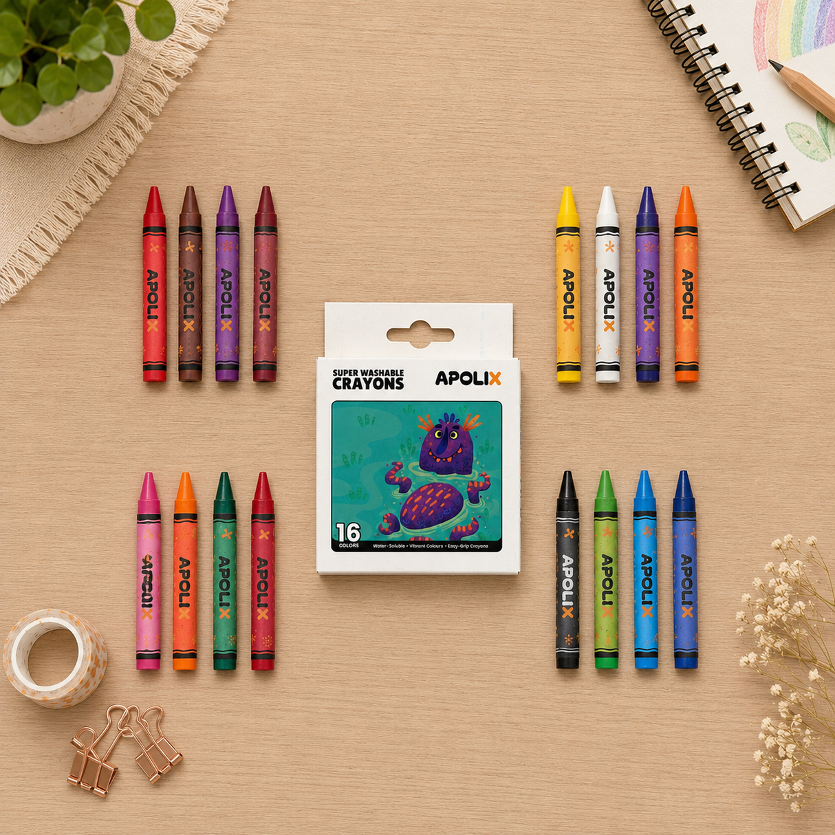 Apolix Super Washable Crayons 16 Colours | Kids Crayons