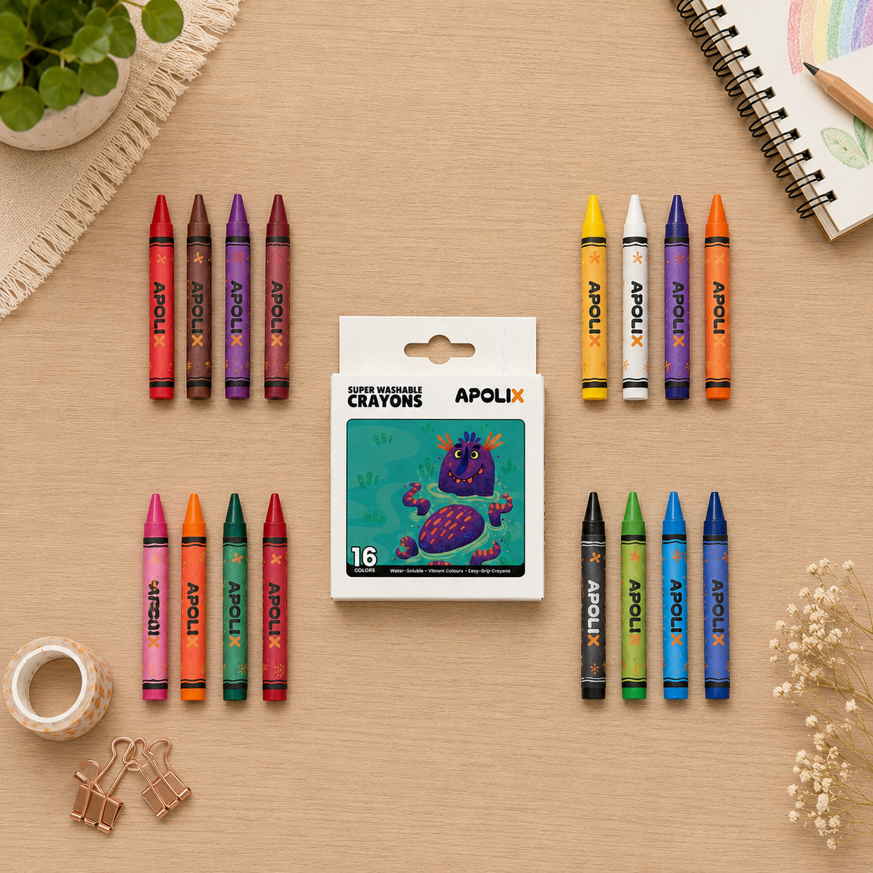 Apolix Super Washable Crayons 16 Colours | Kids Crayons