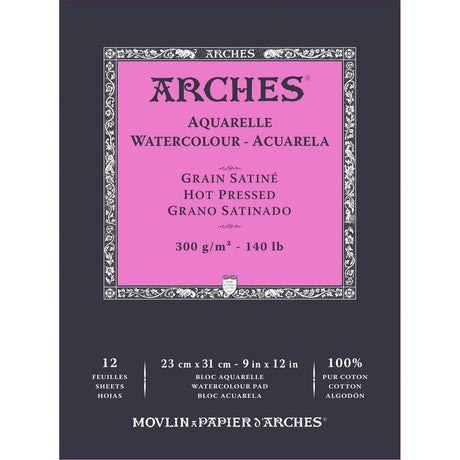 Arches Watercolour- Aquarelle -Natural White Short Side Glued Pad of 12 Sheets Arches
