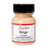"A small bottle of Angelus brand leather paint labeled ""Beige"" containing 1 fl. oz. (29.5 ml) of acrylic paint. The label advises to keep out of reach of children. "
