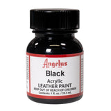 "A small bottle of Angelus brand leather paint labeled "Black" containing 1 fl. oz. (29.5 ml) of acrylic paint. The label advises to keep out of reach of children. 