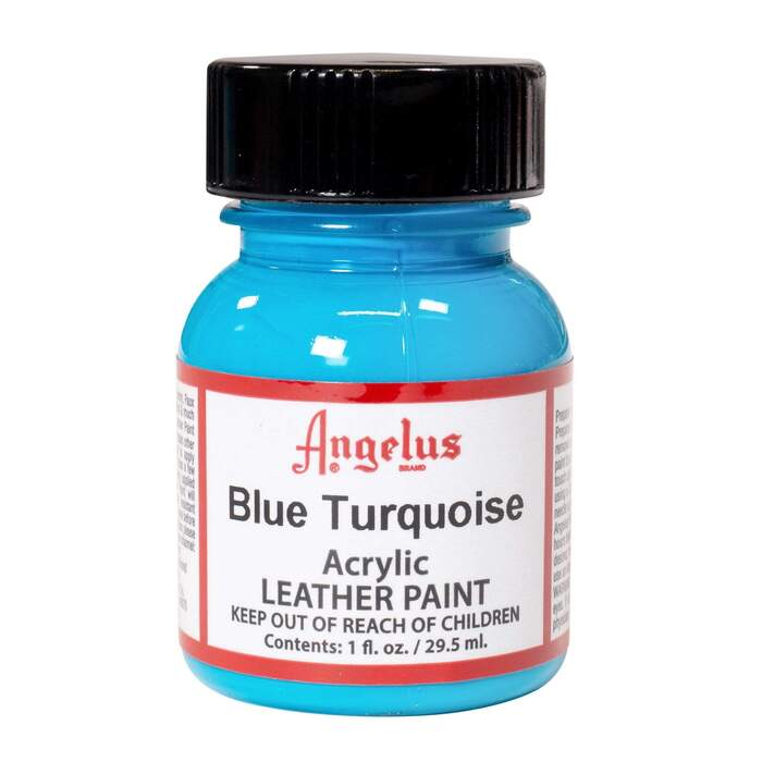 A small bottle of Angelus brand leather paint labeled "Blue Turquoise" containing 1 fl. oz. (29.5 ml) of acrylic paint. The label advises to keep out of reach of children.  