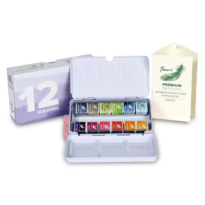 Thoovi Premium Watercolor Half Pans Set of 12 Breeze Shades 