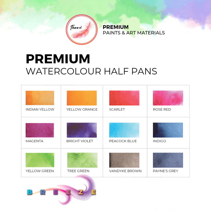 Thoovi Premium Watercolor Half Pans Set of 12 Breeze Shades Chart