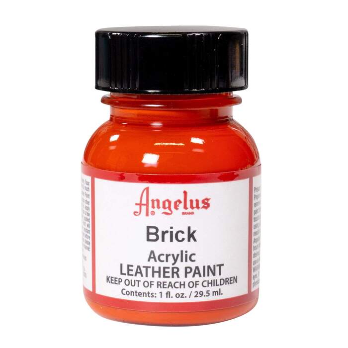 A small bottle of Angelus brand leather paint labeled "Brick" containing 1 fl. oz. (29.5 ml) of acrylic paint. The label advises to keep out of reach of children.  