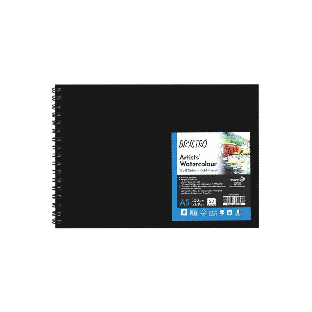 Brustro Artist 100% Cotton Watercolour Wiro Journal Cold Pressed 300 GSM, A5 - (20 Sheets) brustro