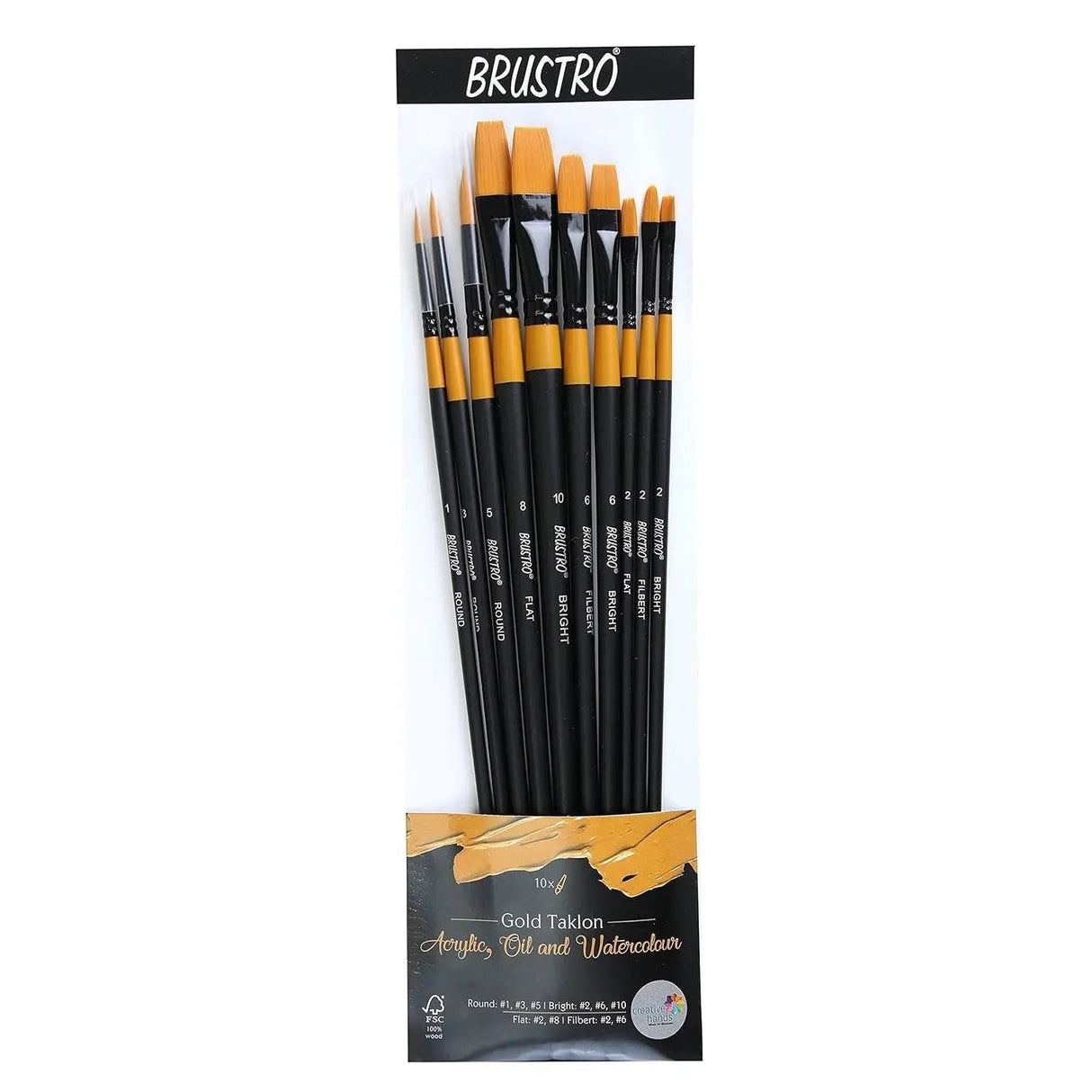 Brustro Artists Gold Taklon Brushes for Acrylics, Oil and Watercolour Set Of 10 Brustro