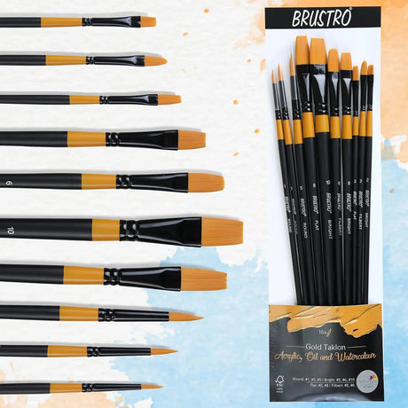 Brustro Artists Gold Taklon Brushes for Acrylics, Oil and Watercolour Set Of 10 Brustro