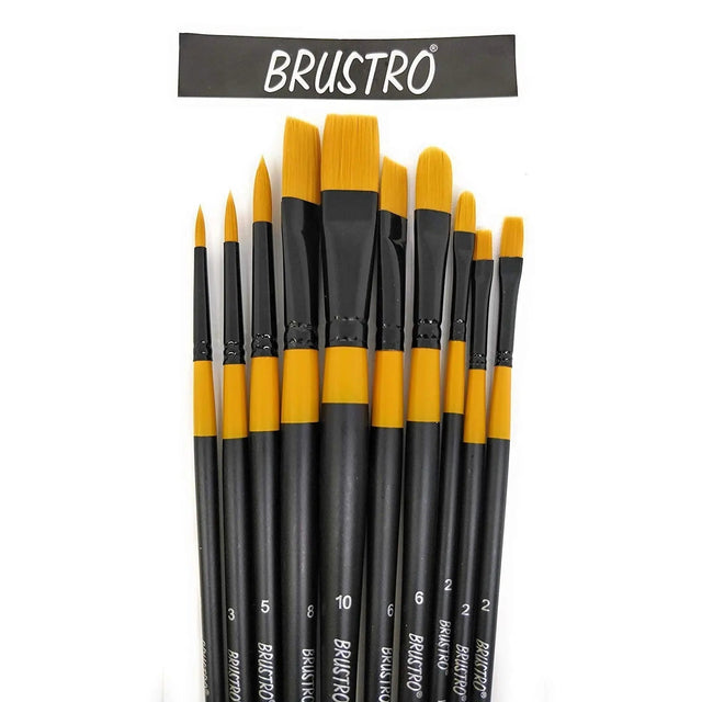 Brustro Artists Gold Taklon Brushes for Acrylics, Oil and Watercolour Set Of 10 Brustro