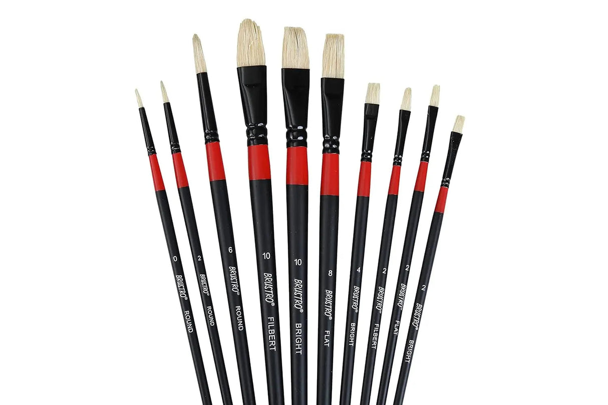 Brustro White Bristle Oil, Acrylic Colour Round  Brush Set Of 10 Brustro