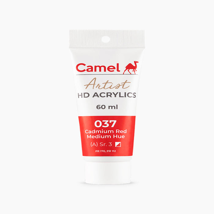 60ml tube of Camel HD Acrylic paint in Cadmium Red Medium Hue Color.