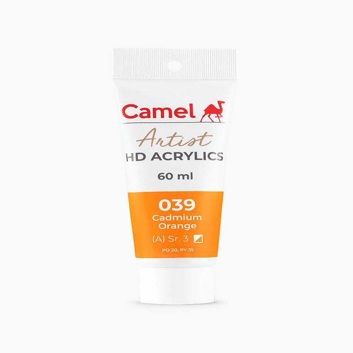 60ml tube of Camel HD Acrylic paint in Cadmium Orange Color.