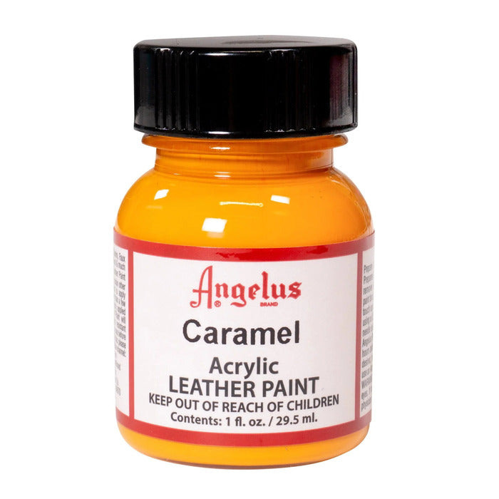 A small bottle of Angelus brand leather paint labeled "Caramel" containing 1 fl. oz. (29.5 ml) of acrylic paint. The label advises to keep out of reach of children.  