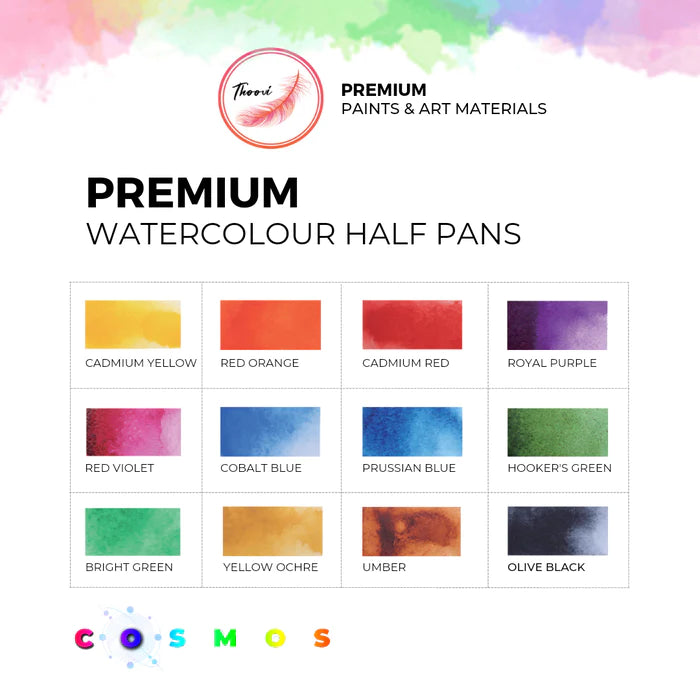 Thoovi Premium Watercolor Half Pans Set of 12 Cosmos Shades Chart