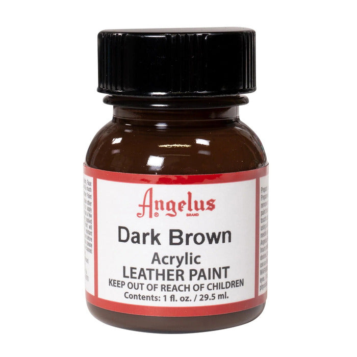 A small bottle of Angelus brand leather paint labeled "Dark Brown" containing 1 fl. oz. (29.5 ml) of acrylic paint. The label advises to keep out of reach of children.  